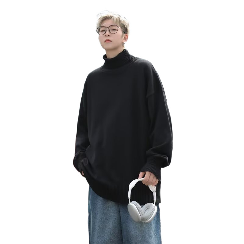 2024 면 인테리어 가을과 겨울 매우 간단한 바람 느슨한 둥근 목 단색 세미 하이 칼라 스웨터 남성 패션 | 기모