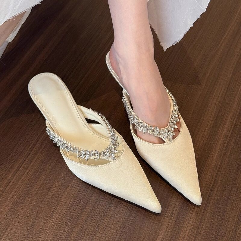 2026 Summer New French Style Women's Pointed Toe Mules with Rhinestone Stilettos 2026 Summer New French Style Women's Pointed Toe Mules with Rhinestone Stilettos