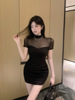 Mesh splicing slim fit waist wrap buttocks short sleeved high-end exquisite dress