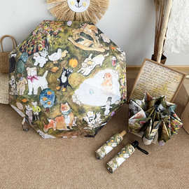 复古油画全自动雨伞女折叠晴雨两用抗风结实遮阳晒防紫外线太阳伞