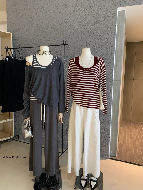 WGWE7179#十三行女装2025秋装新款撞色背心叠穿娄漏肩针织衫上衣|undefined