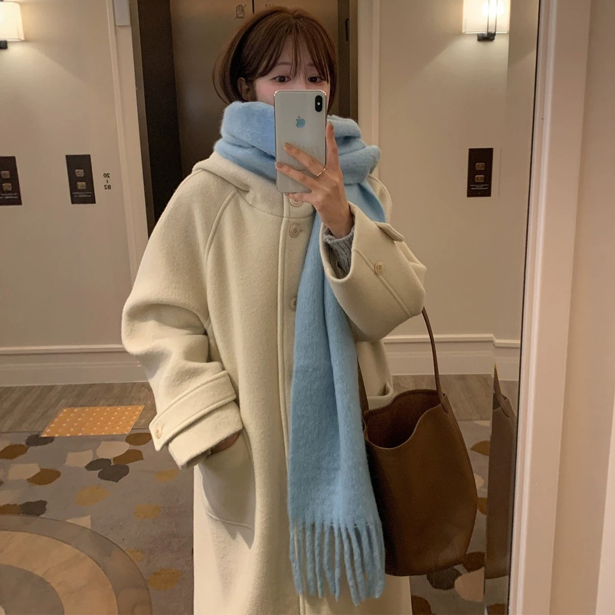 Dongdaemun ins~Winter French-style single-breasted pocket casual loose-fitting hooded long woolen coat