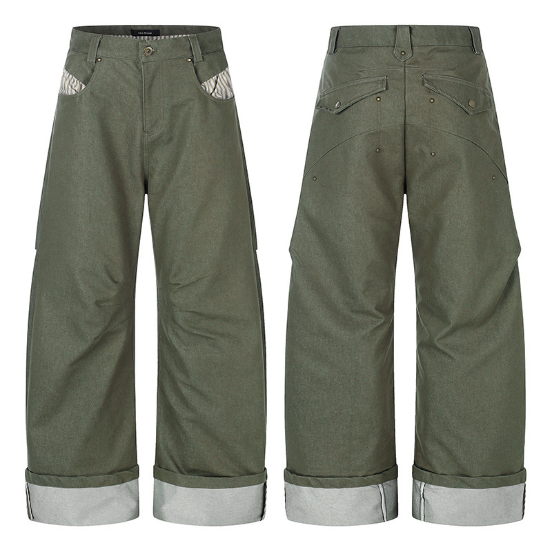 Tuochuan Ck61007 American Retro Matcha Green Work Pants Loose Fit Color-Block Striped Casual Wide-Leg Pants Trendy
