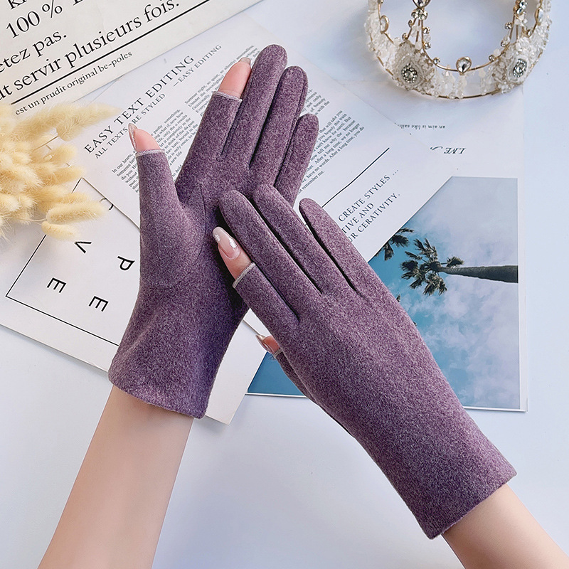 Leather touchscreen winter driving gloves for women, windproof, finger-revealing, warm, suitable for autumn and spring, elastic, with leather material.