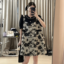 新中式国风水墨画泡泡袖假两件连衣裙女2024夏高级感气质显瘦裙子