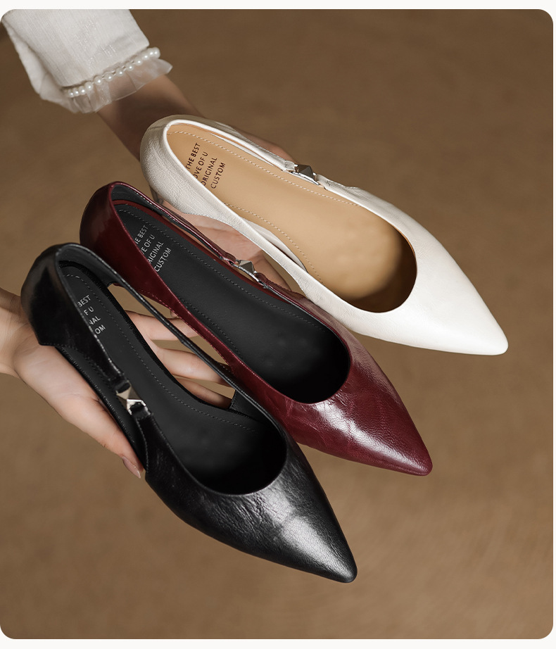 Sandal nữ da cừu mũi nhọn gót thấp hở mũi kiểu Hàn Quốc — đen chi tiết 2