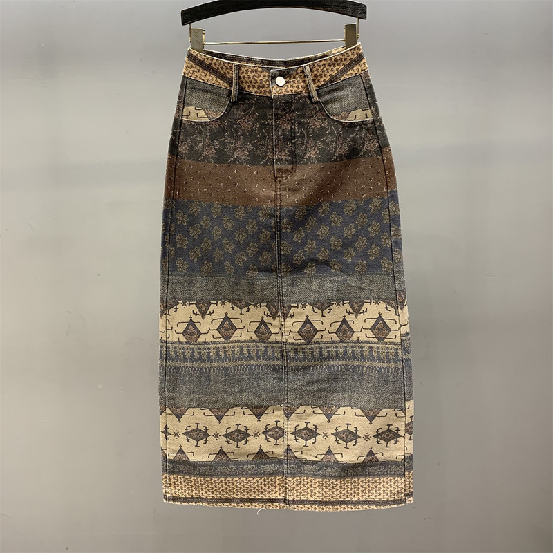 Ethnic Style Retro Printed Denim Skirt for Women 2026 Spring and Summer New High-Waisted Versatile Back Slit Hip-Hugging Long Skirt