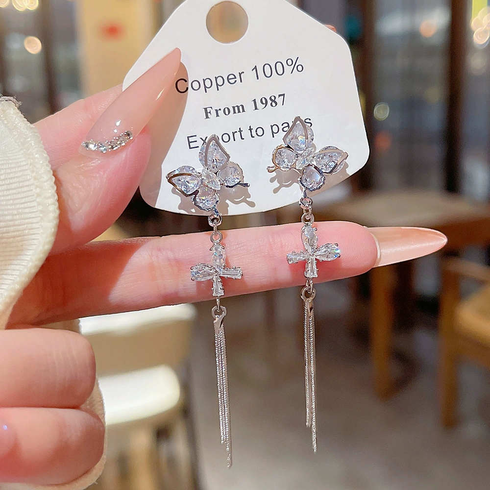 Серьги из серебра 925 пробы, Tassel из циркония, длинная легкая подвеска
