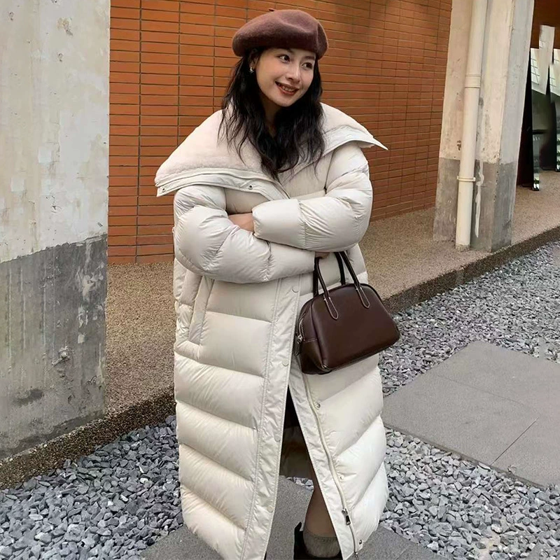 Длинное пальто-пуховик из овечьей шерсти с большим воротником для женщин, зима 2024, высококачественное, утолщенное, ниже колена, на белом утином пуху, теплое и утепленное