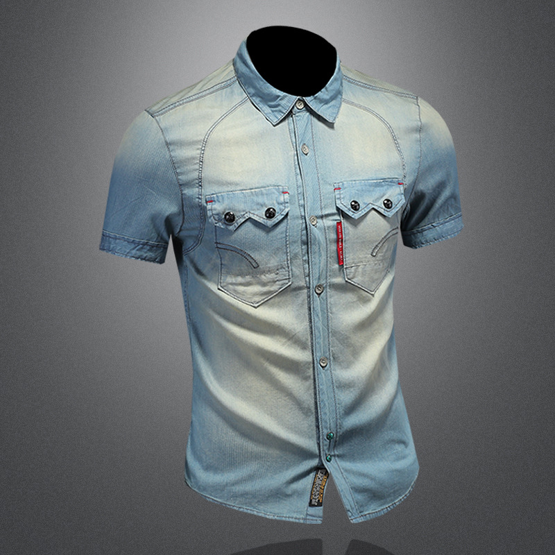 Camicia da uomo in denim lavato vintage, a maniche corte, con colletto risvoltato, stile vintage, per commercio estero europeo e americano, estiva._voghion.com