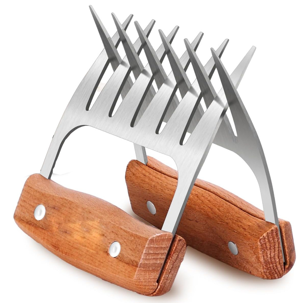 Amazon venta caliente transfronteriza mango de madera garra de oso para dividir el dispositivo de carne de pino BBQ para acampar al aire libre barbacoa garra de carne rasgada de acero inoxidable