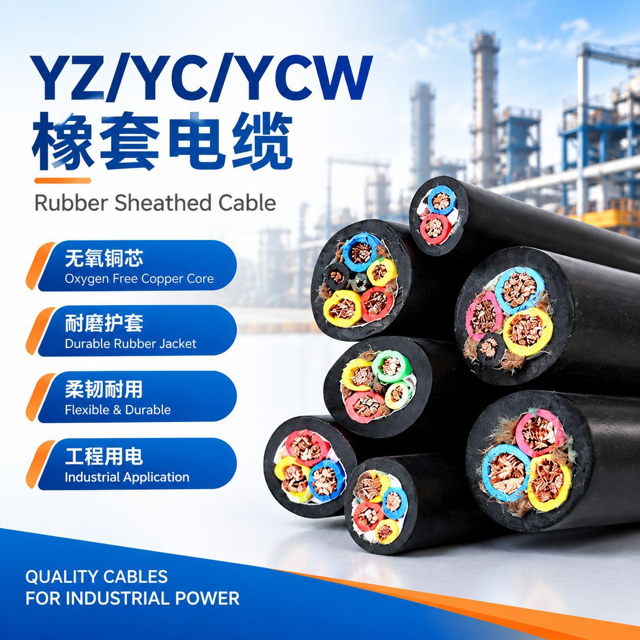 YC/YZ/YZW橡套电缆无氧铜芯工程电源线多芯软电缆厂家批发