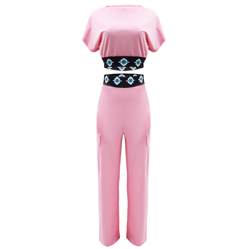 Casual Short Sleeve Coat Women Summer Solid Color All Matching Loose Straight Trousers Two Piece Set