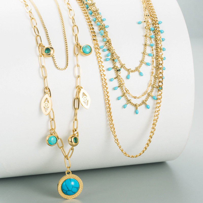Fashion Devilu0027S Eye Titanium Steel Necklace Layered Plating Chain Turquoise Stainless Steel Neck