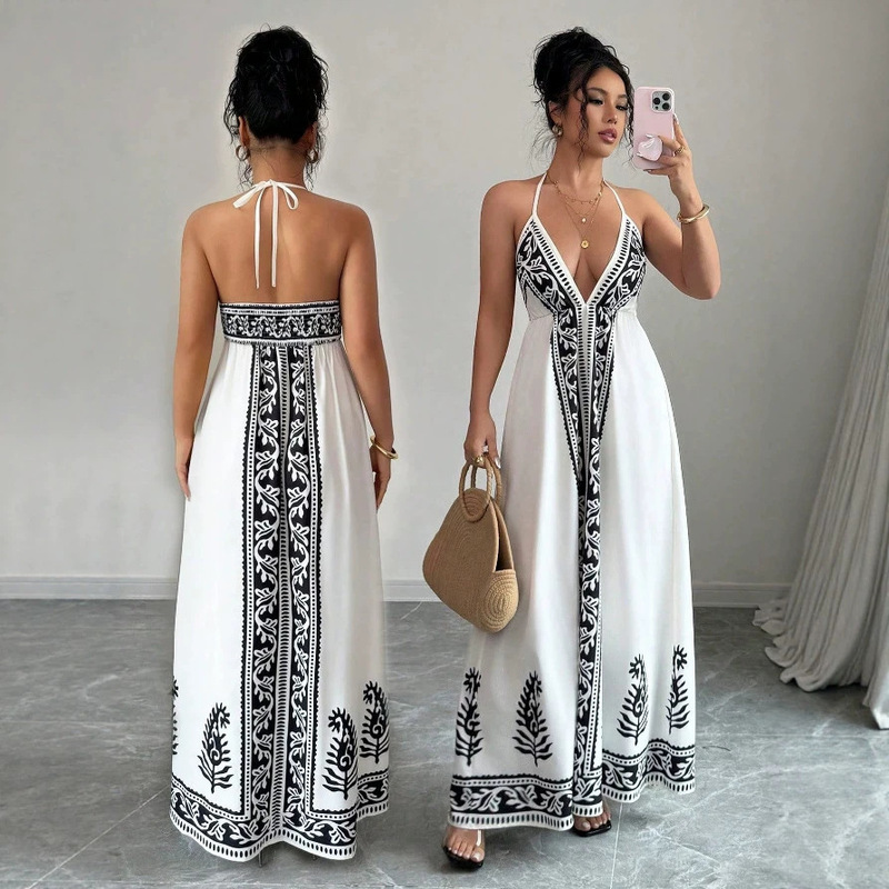 European and American Cross-Border Foreign Trade Summer New Fashion Printed Pattern Sexy Suspender Dress