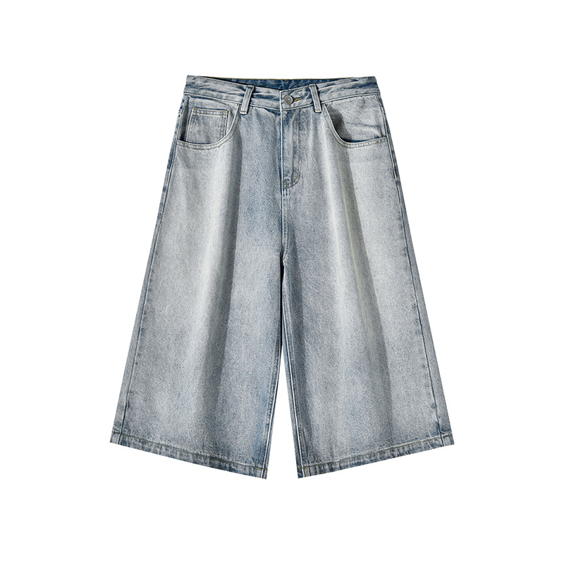 Pantalones cortos vaqueros lavados para hombre, estilo vintage azul glaciar, rectos, de corte recto, informales, de verano, de tiro medio, de algodón sin elasticidad, tallas S-2XL_voghion.com
