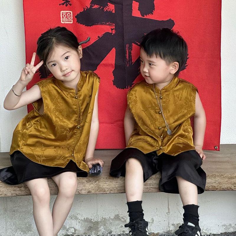 New Chinese-Style Boys' Hanfu Summer Outfit 2025 New Trendy Ancient-Style Girls' Vest Tang Suit Sports New National Style New Chinese-Style Boys' Hanfu Summer Outfit 2025 New Trendy Ancient-Style Girls' Vest Tang Suit Sports New National Style