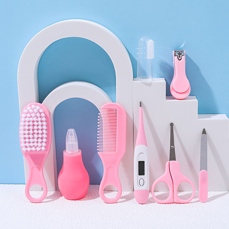 Productos para madres y bebés al por mayor tijeras de uñas para niños 8 piezas de conjunto de cepillo de peine aspirador de nariz bolsa EVA set de cuidado