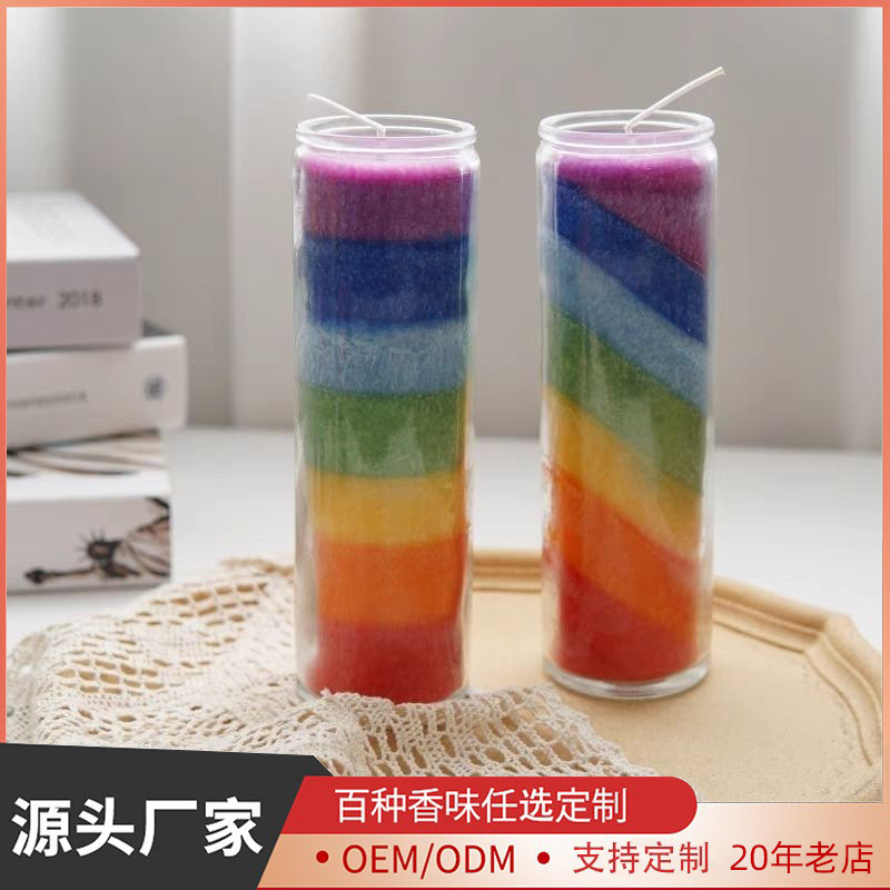 七彩蜡烛大冰花彩虹玻璃杯柱蜡大豆蜡无烟室内净化照明香薰摆件