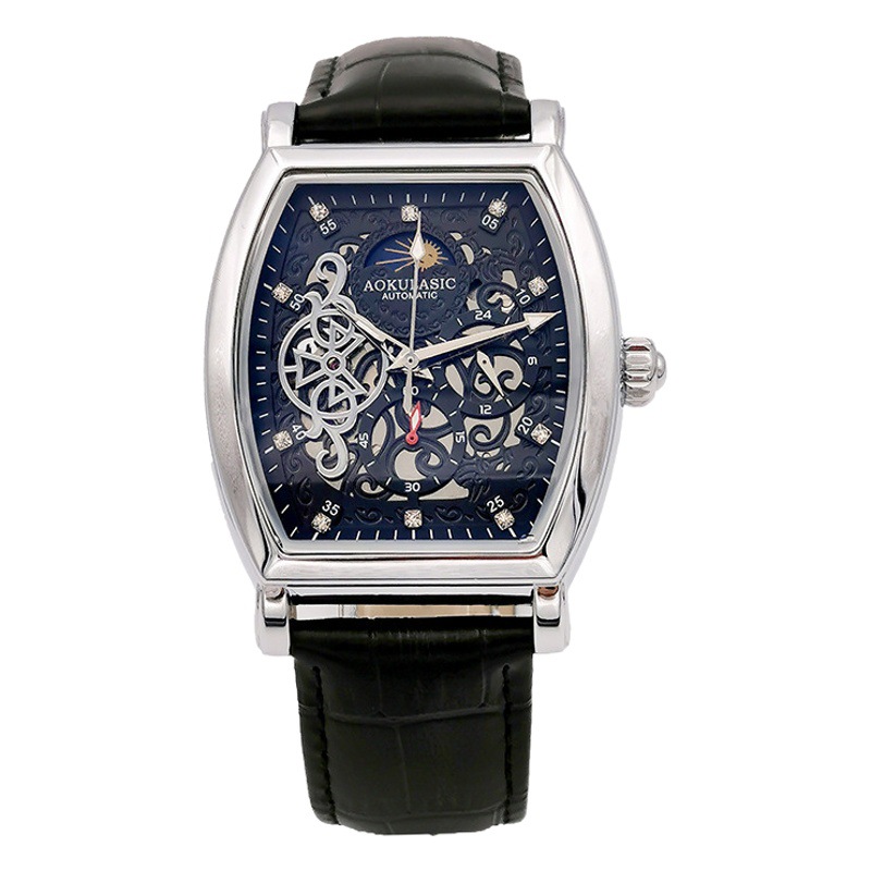 Barril de vino Reloj mecánico automático hueco-hacia fuera transparente azul claro vidrio luminoso de cuero impermeable de los hombres hebilla de mariposa Mesa multifunción