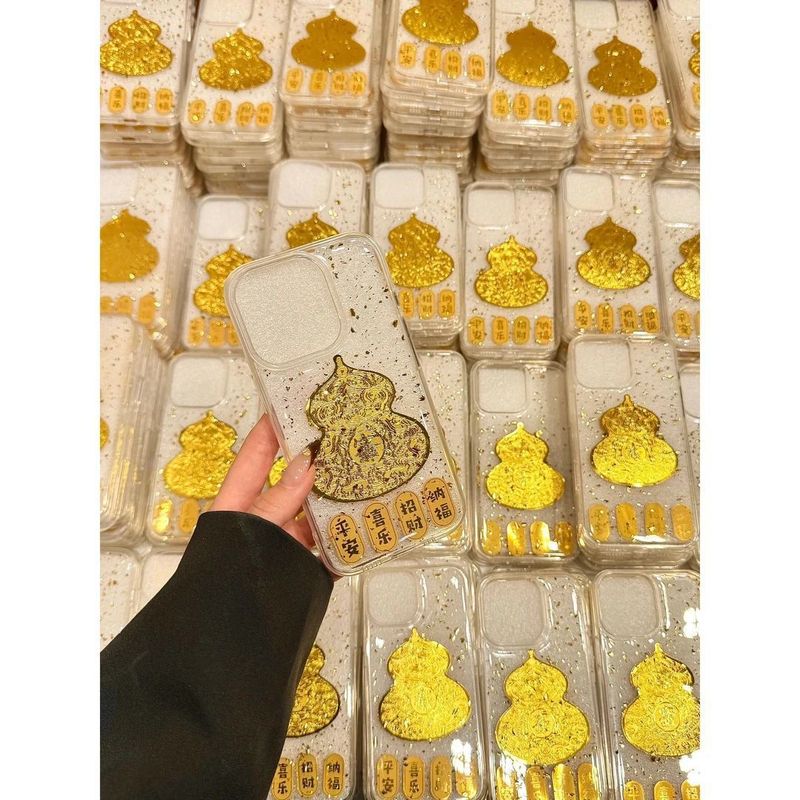 春夏金葫芦金箔適用 iPhone 17Pro 携帯電話ケース 16promax 耐衝撃 15Pro エポキシ樹脂 大穴ケース|undefined