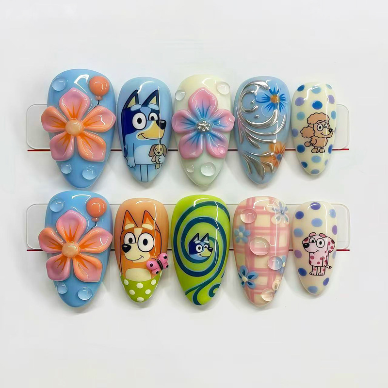 3D Embossed Gold-Plated Bluey Family Cute Wearable Nails Colorful Dopamine Summer Cross-Border European and American Nail Stickers 3D Embossed Gold-Plated Bluey Family Cute Wearable Nails Colorful Dopamine Summer Cross-Border European and American Nail Stickers
