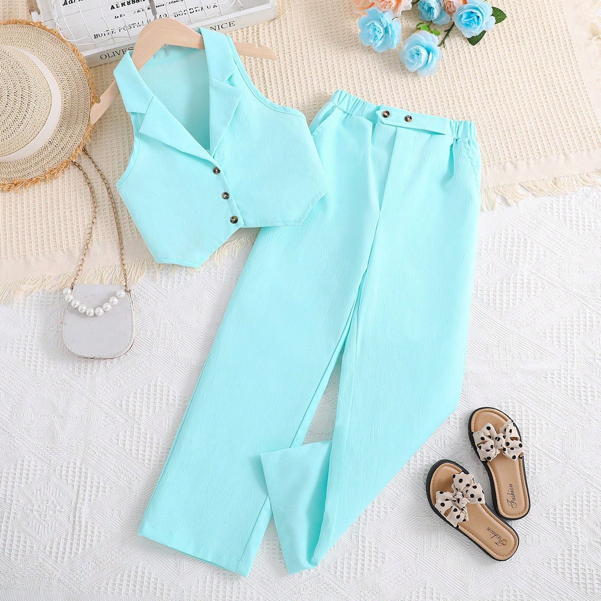 Traje para niños Verano coreano cardigan sin mangas traje corto top pantalones de dos piezas para niñas ropa infantil transfronteriza