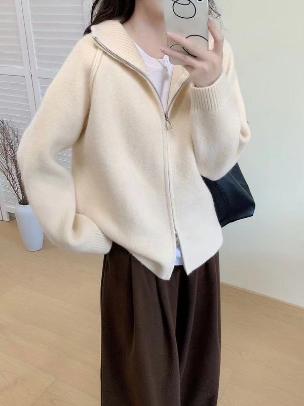 跨境现货慵懒风毛衣外套女秋冬新款韩系百搭纯色立领拉链针织开衫|undefined