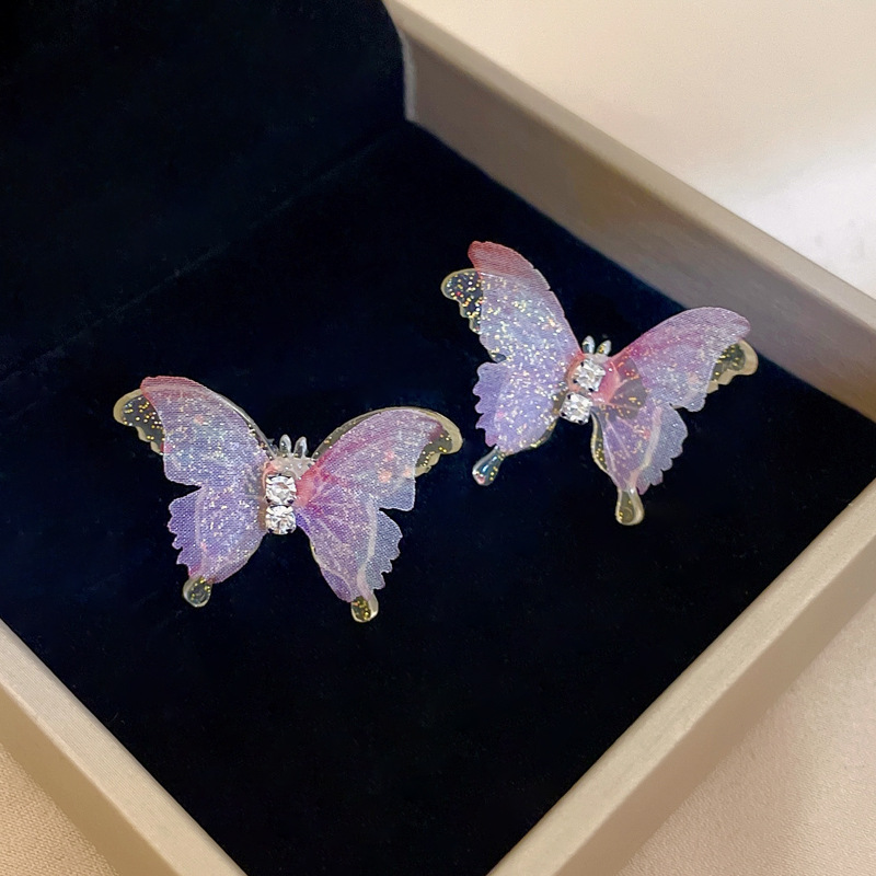 Fairy Style Butterfly Arylic Gauze Copper Inlay Rhinestones Women's Ear Studs display picture 5
