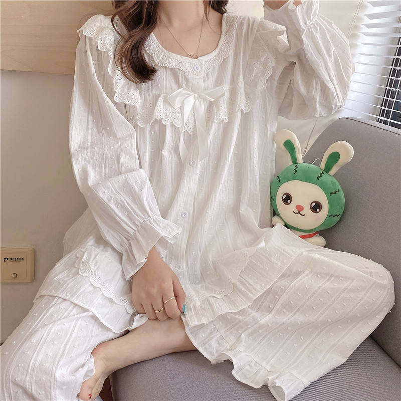 Real Shot of Cotton Jacquard Lace Fairy White Palace Ladies Pajamas Home Clothes Wholesale Long-Sleeved Trousers Set