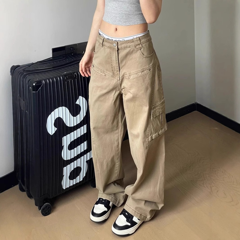 American Style Retro Design Multi-Pocket Logging Tooling Pants Trendy All-Match Loose Straight Casual Wide Leg Jeans Women