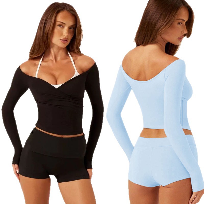 Comercio exterior de Europa y Estados Unidos Yoga transfronterizo de manga larga mujer con cojín de pecho de alta elasticidad y secado rápido envuelto en el pecho antichoque deportivo de acondicionamiento físico camisa de cuello V image 5