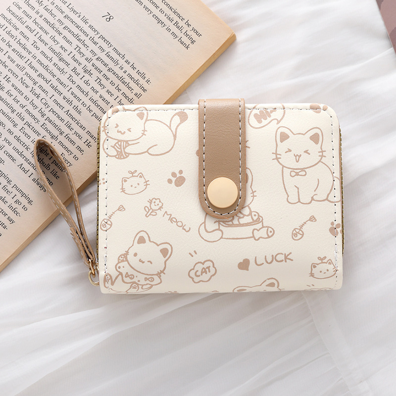 シンプルでかわいい子猫和風レディースバックルコインポジションハンドストラップレディース多機能ショートウォレット財布カードホルダー|undefined