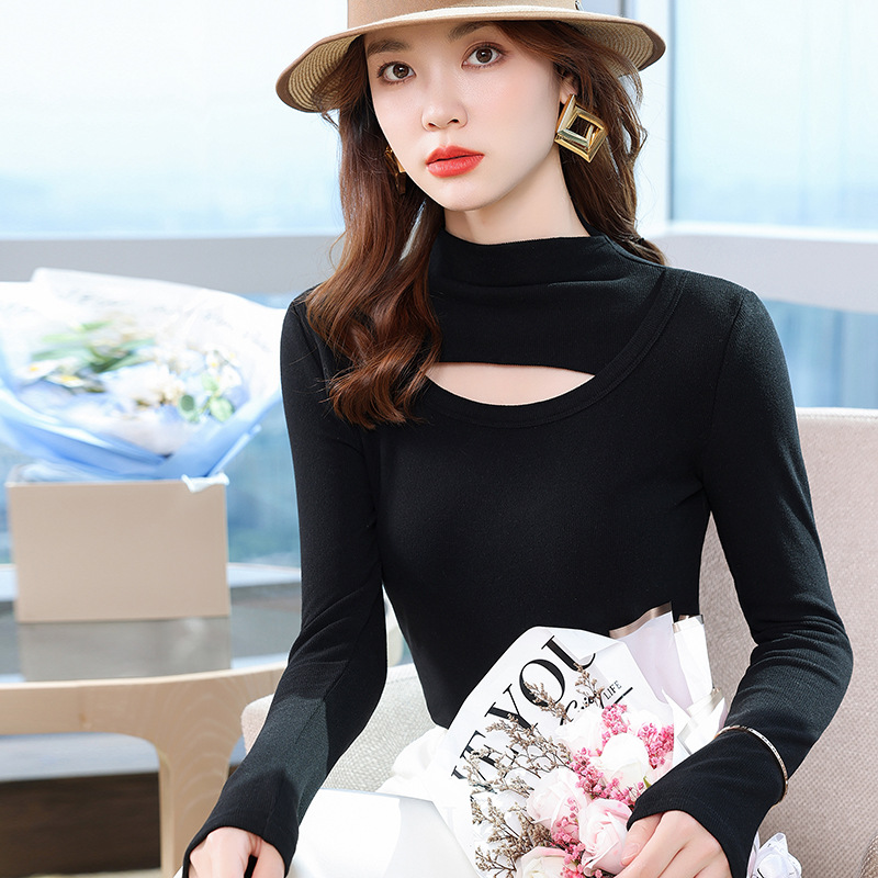 Stretch Half-high Collar Cashmere Design Base Shirt Women's Outer Wear Small Suit Inner Wear Sexy Hollow Slim Top