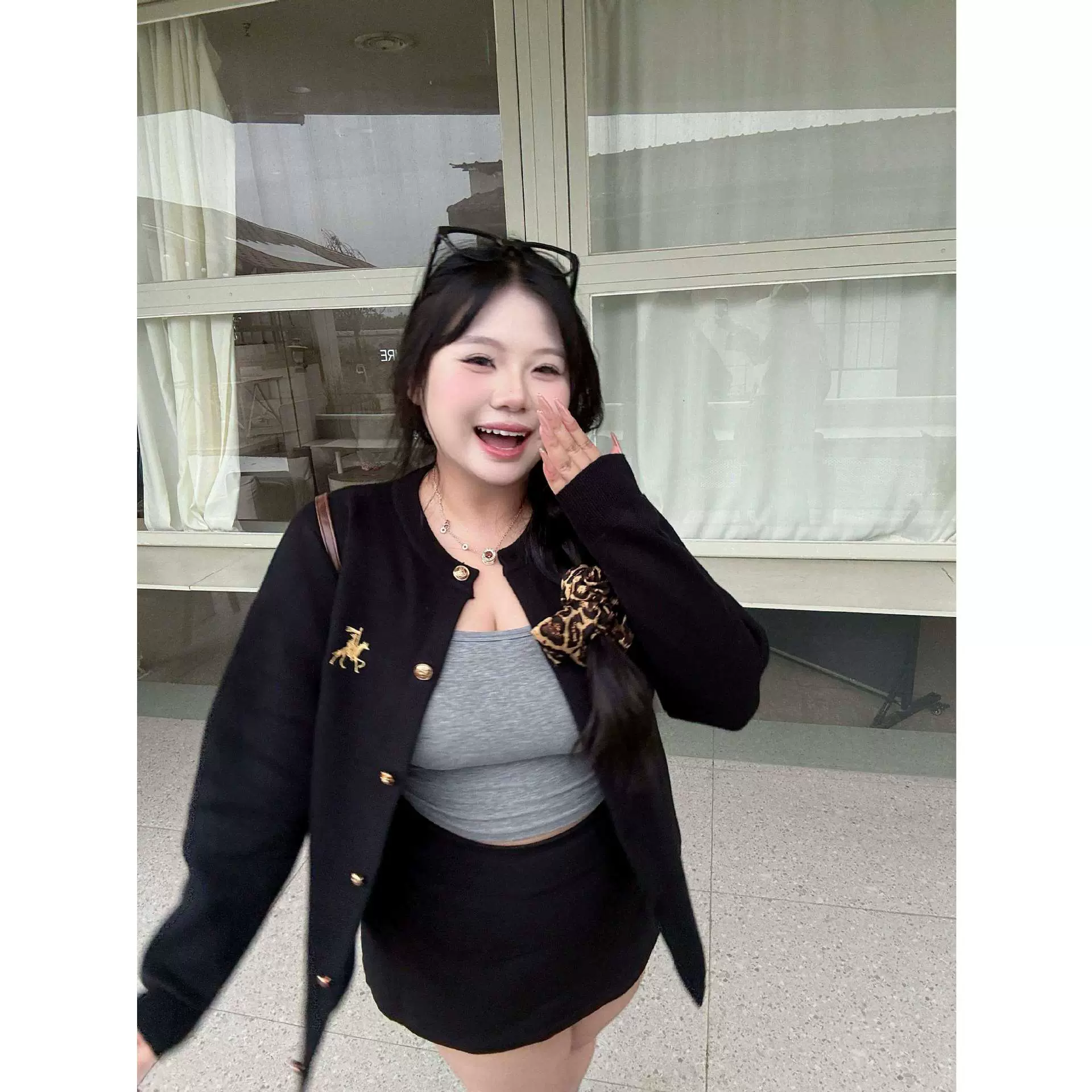 刺绣秋冬新款大码开衫毛衣慵懒显瘦遮肉短袖微胖女装学院针织衫