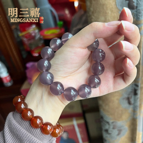 Natural agate chalcedony bracelet violet emperor purple ice red agate solid color bracelet round bead white men and women