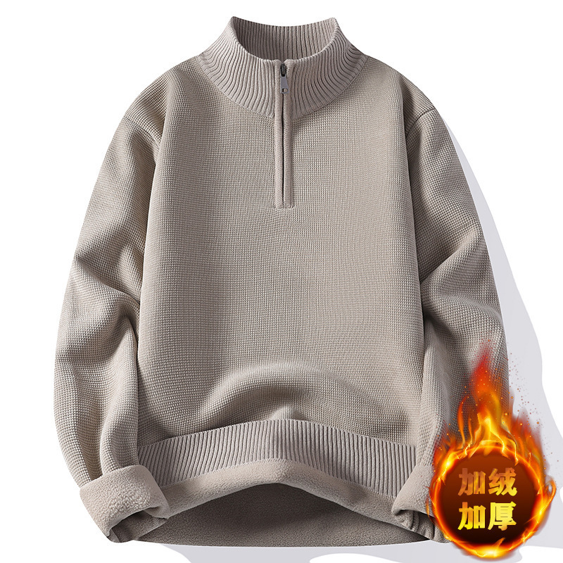 Half-Zip Sweater for Men, Autumn and Winter, Fleece-Lined and Thickened, Half-Turtleneck Knitwear, Men's Integrated Fleece Warm Winter Sweater