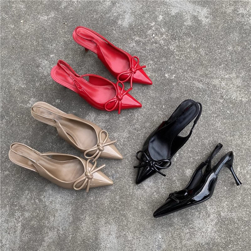 Foreign Trade Europe and the United States 2024 New Black Baotou Thin Heel All-match Sandals Patent Leather Bow Trip High-heeled Shoes for Women