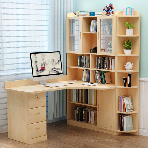 Solid wood computer desk corner desk bookshelf combination simple home children's learning desk bedroom integrated bookcase