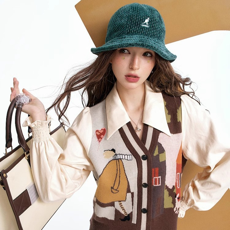 妖精的口袋复古印花假两件针织衫女2025秋季新款桃皮绒拼接POLO衫|undefined