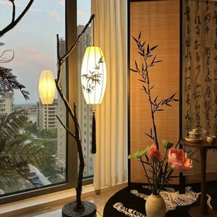 Retro-Style Branch New Chinese-Style Floor Lamp Tea Room Study Atmosphere Lamp Fabric Lantern Fishing Floor Lamp
