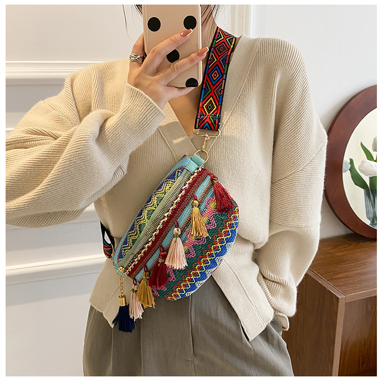 Venda quente pequeno peito perfumado tecido estilo étnico cor contrastante borla nova fita cintura bolsa crossbody tendência_voghion.com