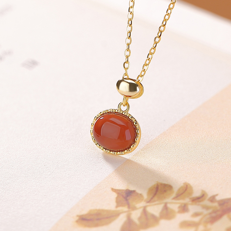 Mặt dây chuyền bạc S925 mạ vàng phối đá onyx đỏ hình học đơn giản — Mật sáp