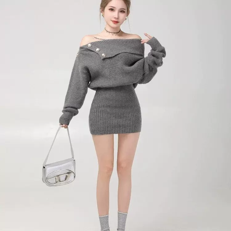 小香风气质性感一字肩针织连衣裙女秋冬包臀毛衣裙高级感收腰裙子