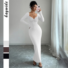 跨境欧美气质优雅纯色蕾丝包臀裙连衣裙女装2025秋冬亚马逊独立站