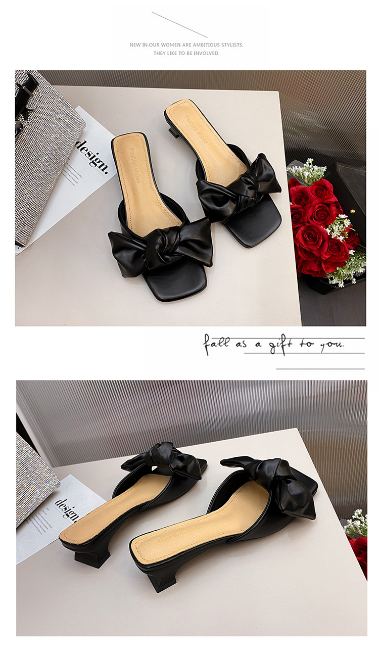 bow square toe one-word belt low heeled open toe slippers NSYBJ132020