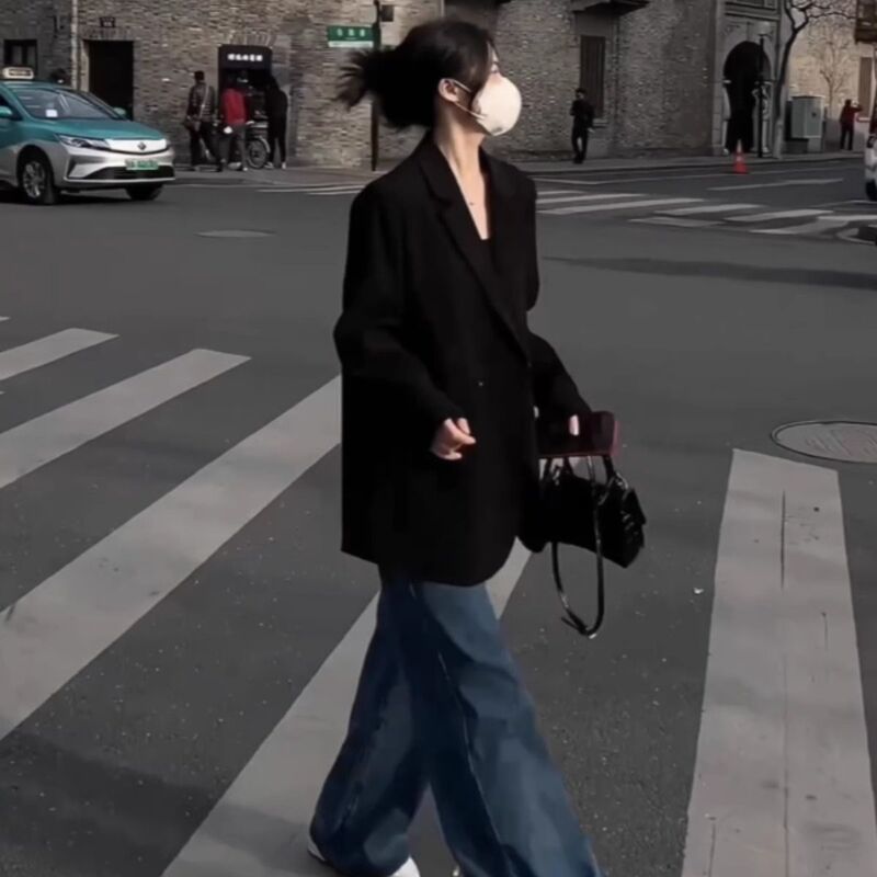 Fashionable Black Blazer for Women, 2026 Spring and Autumn New Korean Style Loose-Fitting Petite Suit Jacket