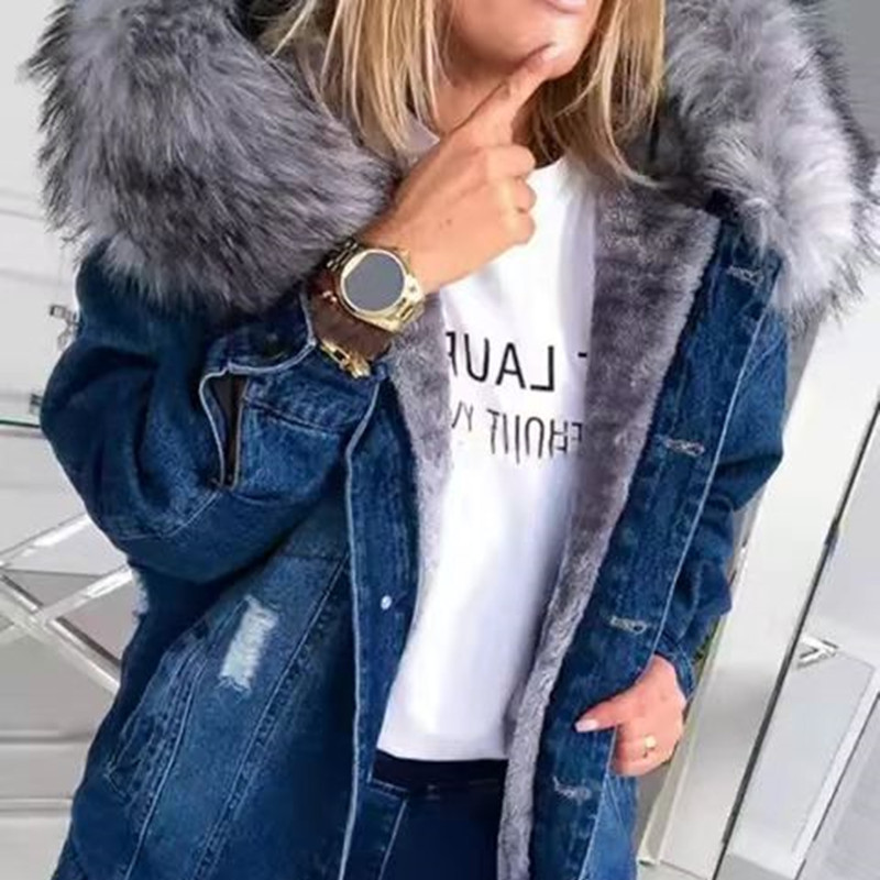 Ripped Women's Top 2024 Winter Denim Jacket Cross-Border Thickened Denim Coat with Fleece European and American Style Thickened and Warm Ripped Women's Top 2024 Winter Denim Jacket Cross-Border Thickened Denim Coat with Fleece European and American Style Thickened and Warm