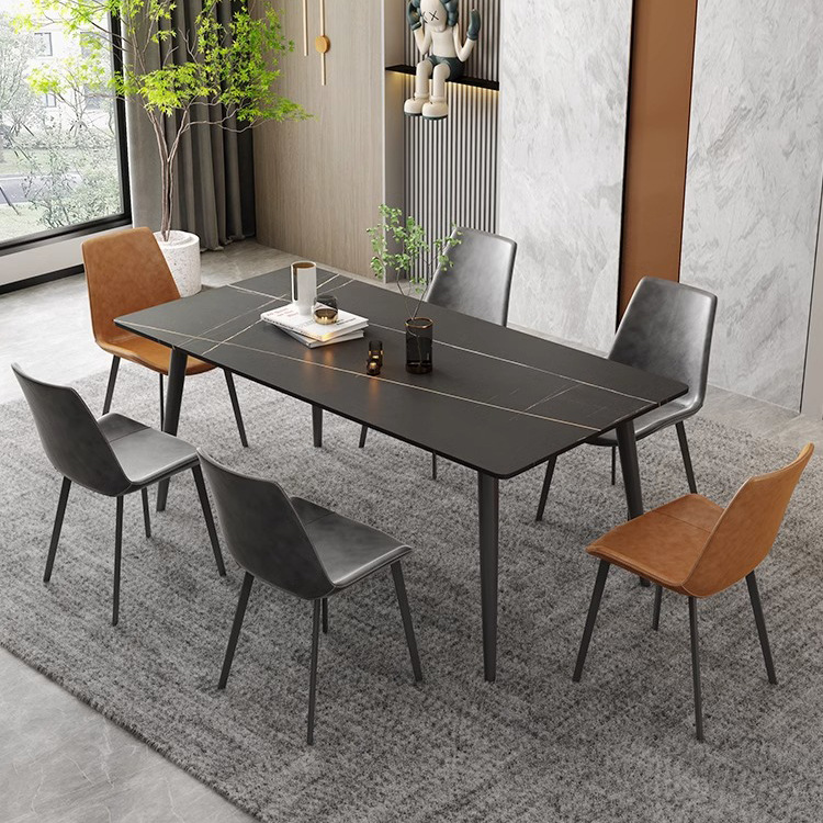意式纯黑岩板碳素钢餐桌长方形现代简约大小户型家用饭桌极简餐桌