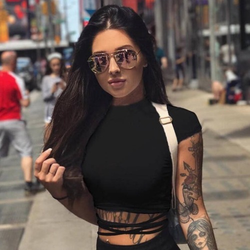 Solid color short navel-baring cross-strap short-sleeved T-shirt for women in summer, versatile tight-fitting, slim, high-waisted, discreet top